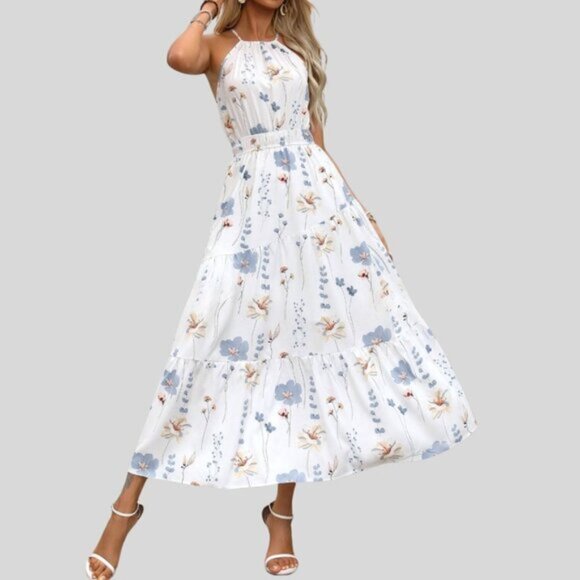 Dresses & Skirts - Floral Print Halter Neck Cinched Waist Dress White
